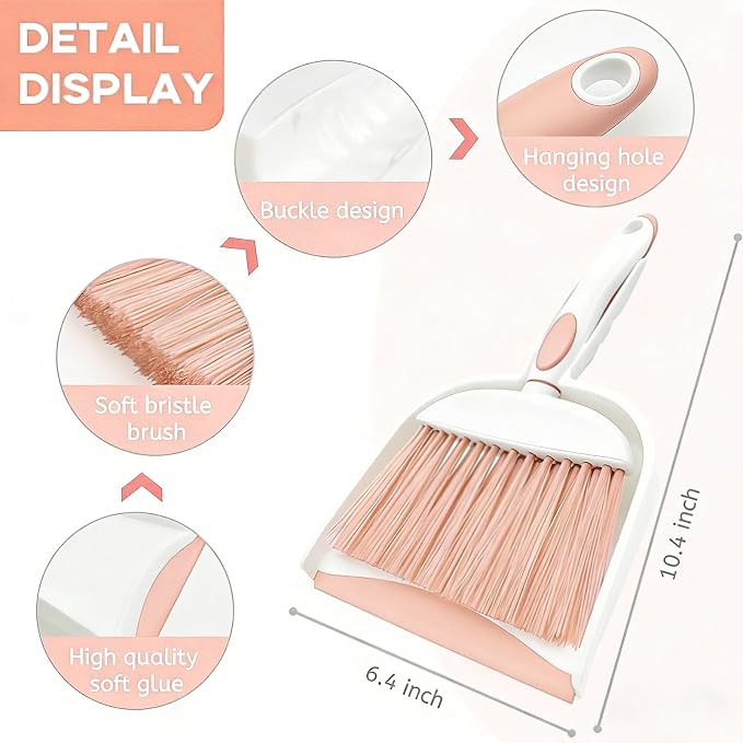 Broom Dustpan Brush Small Dust pan: Small Broom and Dustpan Set Mini Dust pan and Brush Set for Desk, Home, Camping Tent (Pink)