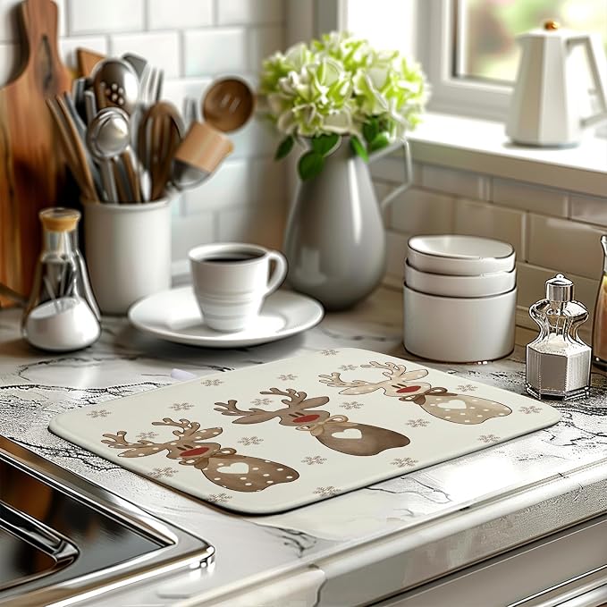 Christmas Reindeer Snowflakes Dish Drying Mat for Kitchen Counter 16x18 Inch Winter Xmas Holiday Drying Pads Microfiber Absorbent Dish Draining Mat Large Dish Drainer Rack Mat
