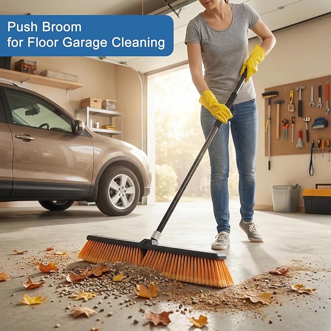 PBHEPJ 18 Inchs Push Broom Outdoor Heavy Duty, Shop Broom with 60" Long Handle for Cleaning Outdoor or Indoor Tile, Garage, Shop, Deck, Concrete, Wood, Stone, Patio Floor, 2 Pack