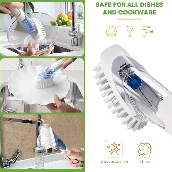 RIMAY Dish Brush with Soap Dispenser Storage Set, Soap Dispensing Dish Brush with 2 Pcs Brush Refills & Holder, Kitchen Dish Washing Wand with Handle for Dishes/Pans/Pots/Sink (White)