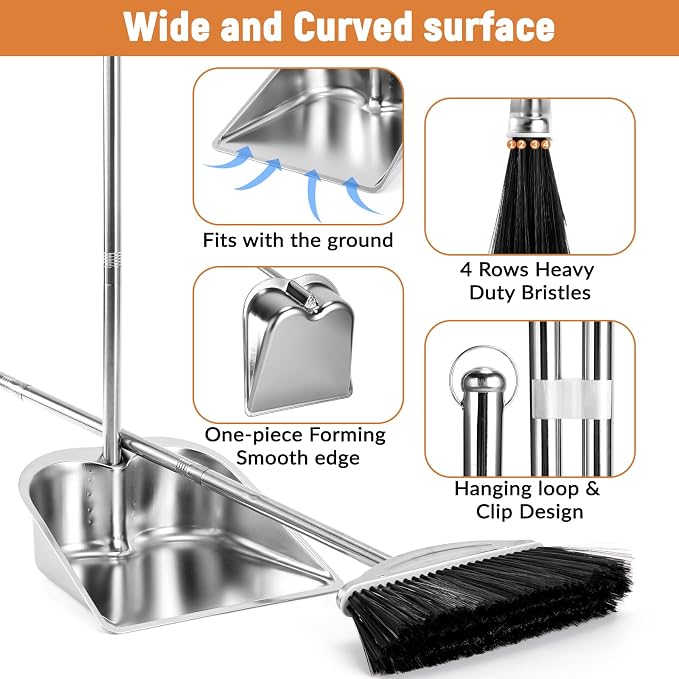 VOOWO Broom with Dustpan Combo Set, 46" Stainless Steel Broom and Dustpan Set for Home, Heavy Duty Dust Pan with Long Handle, Broom for Sweeping Indoor and Outdoor, Kitchen Broom and Dust Pan (Black)