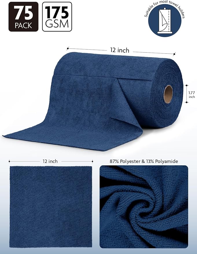 Fantasticlean Microfiber Cleaning Cloth Roll-75 Sheets, 12"x12" (Navy Blue) | Super Absorbent, Lint-free, Tear-away Microfiber Towel Roll, for All-Purpose Cleaning, Reusable Alternative to Paper Towels