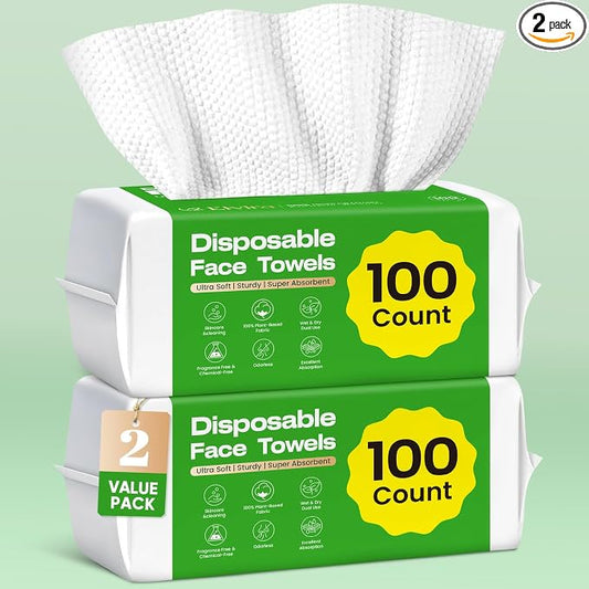 Elvira 200 Count (2 Pack) Disposable Face Towels, Biodegradable Skincare Facial Cleansing Towels, Ultra Soft & Thick Makeup Remover Dry Wipes, Lint-Free & Vegan for Sensitive Skin, Travel Essential