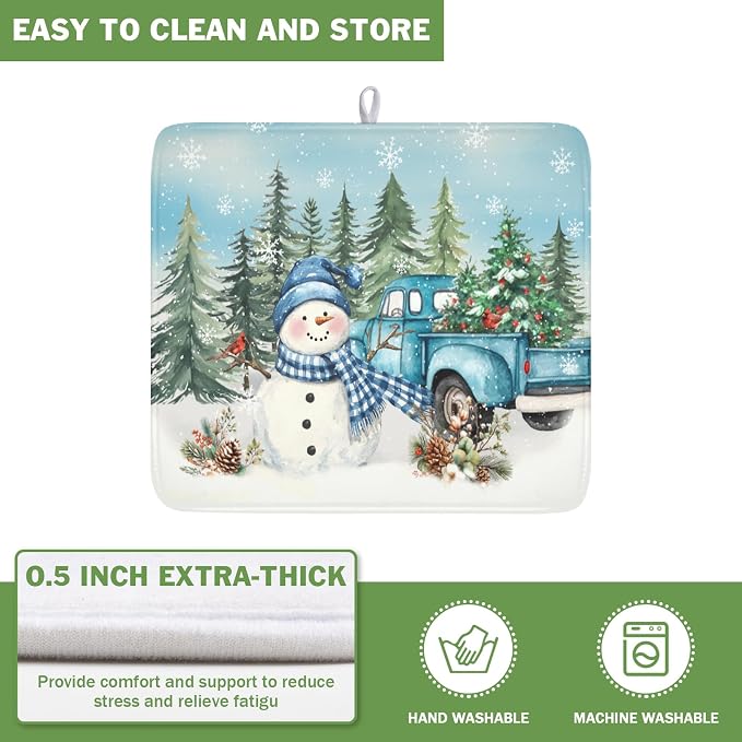 Giwawa Winter Snowman Blue Dish Drying Mat Xmas Truck Dishes Pad 16"x18" Microfiber Absorbent Drainer Rack Mats Protector for Kitchen Counter Sink
