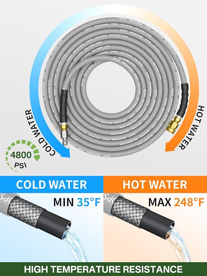 3/8" 4800PSI Pressure Washer Hose 25FT Swivel Quick Connect | Power Washer Hose for Cold/Hot Water Max 248°F, Kink Resistant Steel Wire Braided, Wear Resistant with M22 14mm Adapter