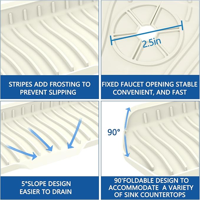 Kitchen Sink Splash Guard Gen2-30" x 6'' Silicone Sink Mat Splash Guard fit for Countertop, Bathroom,Farmhouse,RV by EBIGIC (off white)