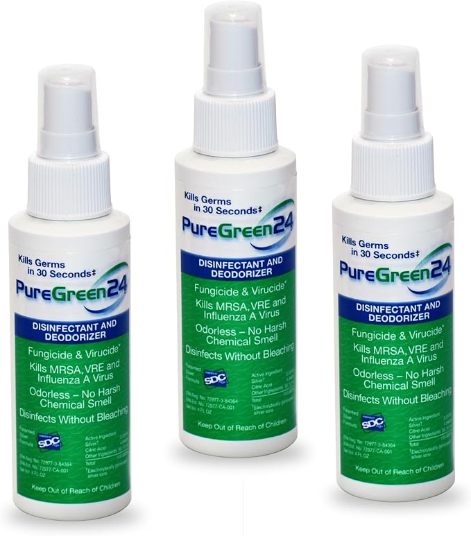 Safe & Effective Disinfectant. Kills Deadly Germs including RSV COVID-19 Norovirus MRSA Staph 2026 flu Bird flu Contains no toxic chemicals odorless child & pet safe 3 4oz spray bottles