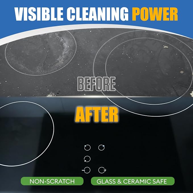 Glass Cooktop Cleaner & Polish Kit – Heavy Duty Stove Top Cleaner with Scraper & Scrubbing Pad, Removes Burnt-On Food, Grease & Tough Stains, Safe for Induction, Electric & Ceramic Cooktops – 8.8 oz