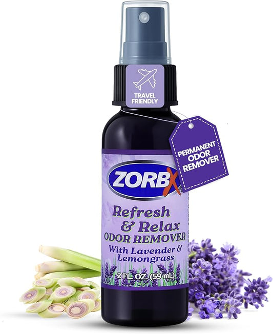 ZORBX Refresh & Relax Lavender Lemongrass Odor Remover Spray 2 Oz | Non-Aerosol Fabric Deodorizer & Room Freshener for Couch, Furniture, Home, Bathroom, Car, Gym & Laundry, Permanent Solution
