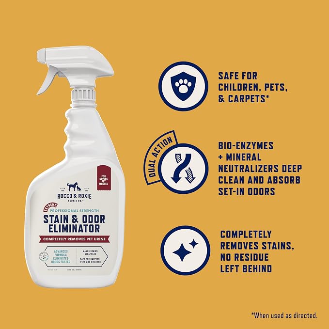 Rocco & Roxie Extreme Stain & Odor Eliminator for Strong Odor, Pet Urine Enzyme Cleaner Destroyer, Stain Remover, Dog Poop and Cat Pee, Enzymatic Carpet Cleaner Spray for Home, Puppy Potty Training