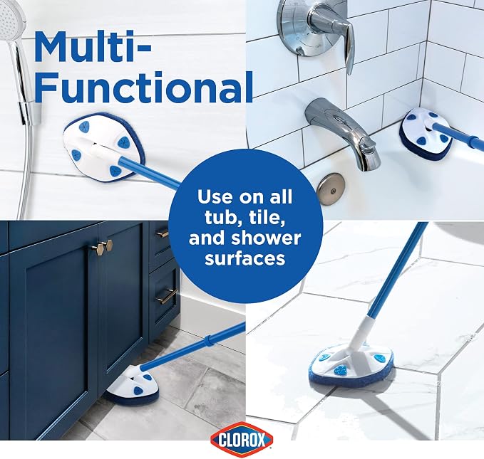 Clorox Extendable Tub & Tile Scrubber with Polyurethane Head – Heavy Duty Bathroom Cleaning Brush with Bonus Refill, Pivoting Head, Replaceable Pad, Works with Clorox Wipes