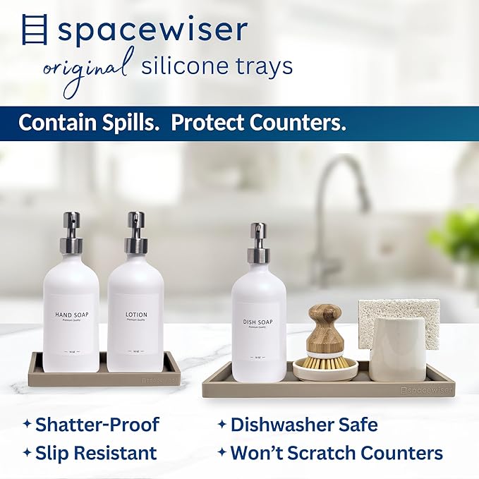Spacewiser Countertop and Vanity Tray - 2 PC (11” and 7”) Shatterproof Silicone Kitchen and Bathroom Trays for Counter, Kitchen Soap Dispenser Tray, Vanity Trays for Bathroom, Perfume Key Tray