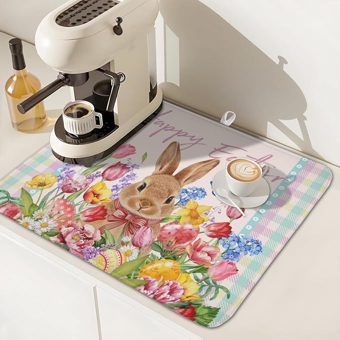 Easter Bunny Dish Drying Mat for Kitchen Counter Happy Easter Rabbit Floral Colorful Buffalo Plaid Microfiber Dish Drainer Mat Absorbent Washable Drying Pad 16"x18"