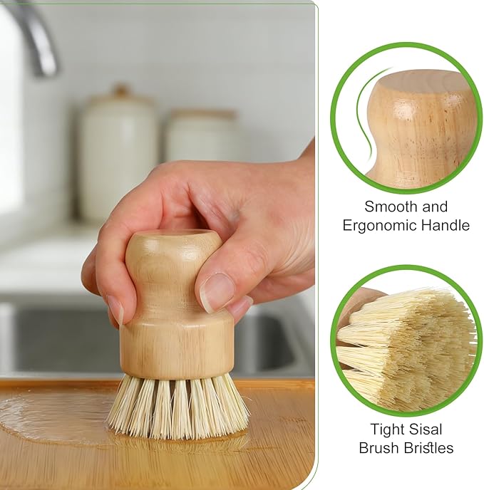 4 Pack Bamboo Dish Brush Set, Natural Kitchen Scrub Brush with Sisal Bristles, Wooden Dish Scrubber for Cleaning Dishes, Pots, Vegetables and Sink
