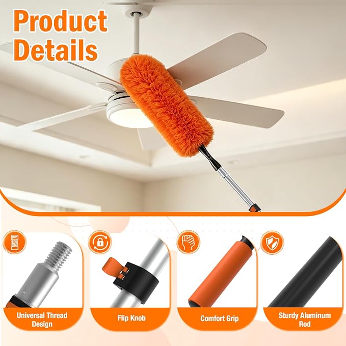 LAANPOLE 36FT High Reach Duster Cleaning Kit with Extension Pole, High Ceiling Fan Cleaner Duster Tool for Fan Blades, Window Washing Kit with Microfiber Feather Duster & Window Squeegee