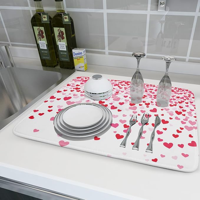 Valentine's Day Dish Drying Mat for Kitchen Counter Love Heart Kitchen Dish Drying Pad 16”x18” Absorbent Reversible Happy Valentine Dishes Drainer Pad Dish Drying Rack Mat for Countertop