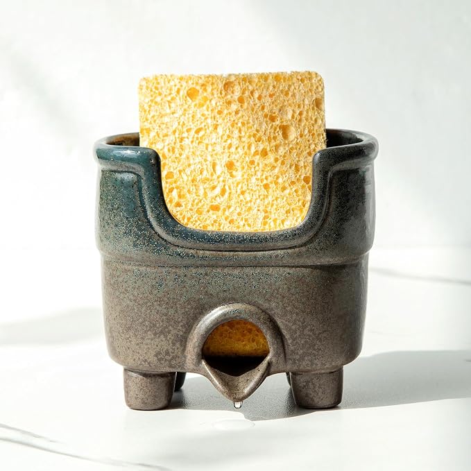 Ceramic Sponge Holder with Drainage, Farmhouse Sink Caddy Organizer, Self Draining Design for Sponges, Soap, Brushes, Compact Rustic Kitchen Accessory, Keeps Counter Dry, Country Blue