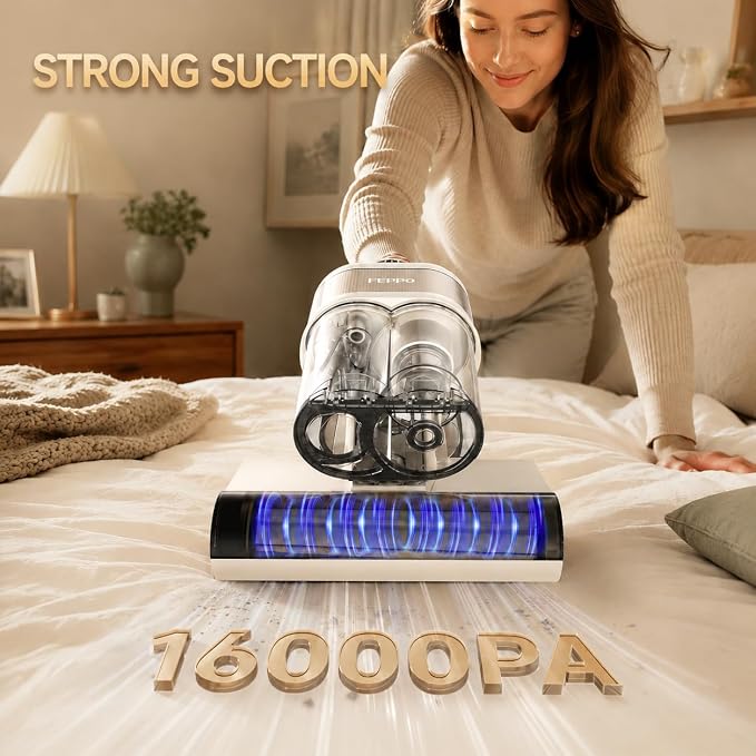 FEPPO Corded Mattress Vacuum Cleaner, 16KPa Handheld Vacuums with 253.7nm UV-C Light, 40,000 Beats/Min Tapping, 140°F Hot Air