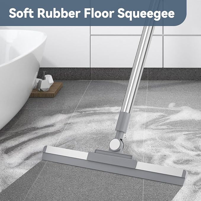 Floor Squeegee with 180° Rotating Head, Squeegee for Floor with 52'' Long Handle, Squeegee Broom, Squeegee for Window Cleaning, Bathroom Tile, Garage Concrete, Deck, Shower Glass (Silver)
