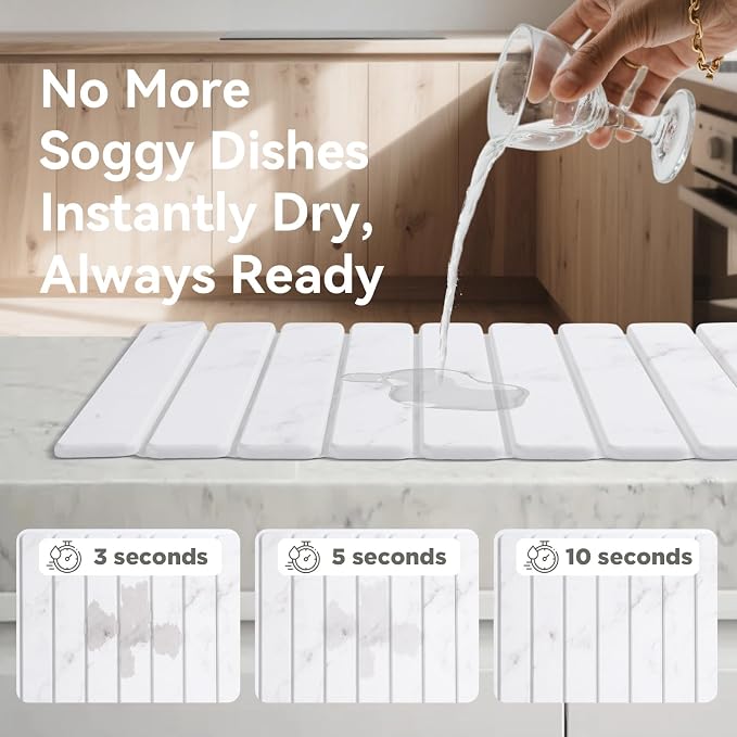 Stone Drying Mat for Kitchen Counter, 24"(L)×16"(W), Drying Matt Kitchen Counter, Stone Dish Drying Mat, Foldable Diatomaceous Earth Mat