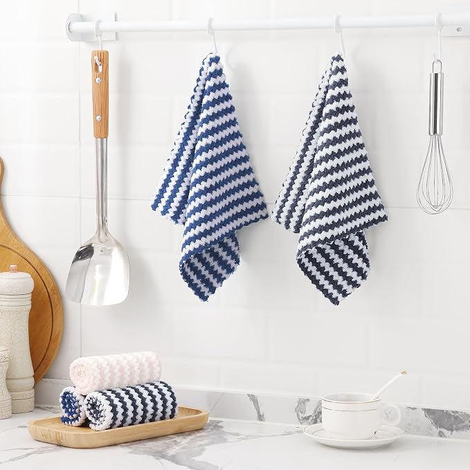 Homaxy 12 Pack Kitchen Dish Cloths, Ultra Soft and Absorbent Dish Towels, Reusable Fast Drying Microfiber Cleaning Cloth, Coral Velvet Wave Design No-lint, 10 x 10 inches, Dark Grey/Navy Blue/Beige