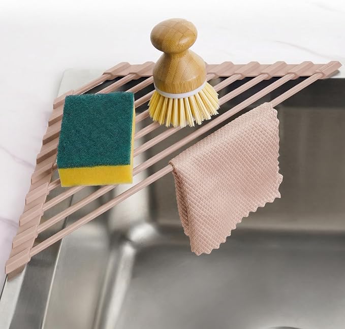 Tomorotec Small Triangle Roll-Up Dish Drying Rack with Silicone Coating Stainless Steel Frame for Sink Corners, Over-The-Sink Kitchen Drainer & Organizer for Space-Saving Storage-Light Brown