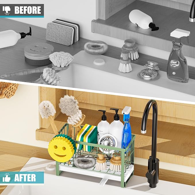 Sponge Holder for Kitchen Sink with Flexible Smiley Face, 2 Tier Kitchen Sink Organizer, Countertop and Storage Essentials, Soap Dispenser Organizer, Home Decor Accessories - Green