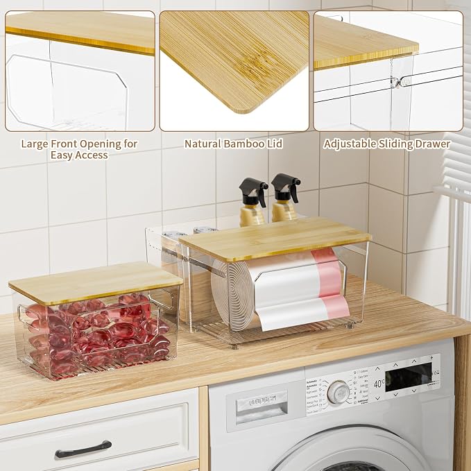 Trash Bag Holder 2-in-1 Under Sink Organizer, Acrylic Trash Bag Dispenser with Bamboo Lid and Pull-Out Basket for Cleaning Supplies, Space Saving Garbage Bag Holder for Kitchen Laundry Room Storage