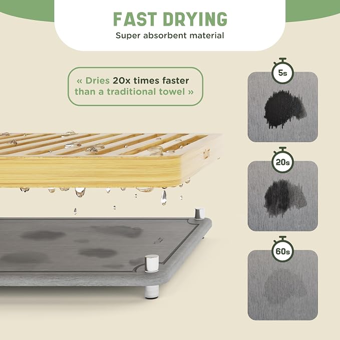 NIUM Stone Drying Mat for Kitchen Counter & Bamboo Rack - 16″x12″ | Diatomaceous Earth Dish drying mat Ultra Absorbent & Fast Drying - EcoFriendly with Non-Slip Pads & Anti-Moisture Design