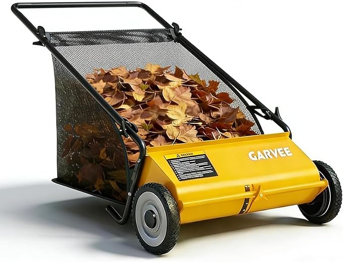 Garvee Push Lawn Sweeper,21-Inch Width Enhanced 4-Brush System with Large 3.5 cu. ft. Hopper Bag, Ideal for Yard and Garden Cleanup, Yellow | Brush Height Adjustment, All-Terrain Suitable, 7 cu.ft Hopper Bag, Durable Steel Frame, Easy Setup, Compact & ...