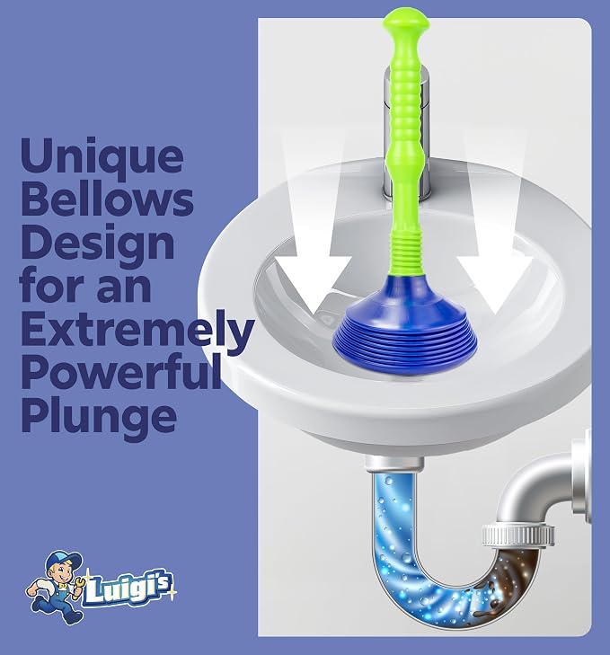 Luigi's Sink Plunger Kitchen - Sink Plunger Bathroom - Drain Bathtub or Shower - Large and Powerful Clog Remover - Commercial Style Plumbers Plungers with Large Bellows - Blue Green - Grande