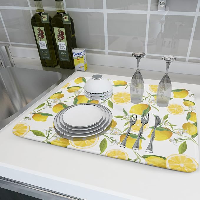 Lemon Dish Drying Mat for Kitchen Counter Spring Summer Microfiber Absorbent Dish Draining Reusable Washable Foldable Extra Large 18"x24"