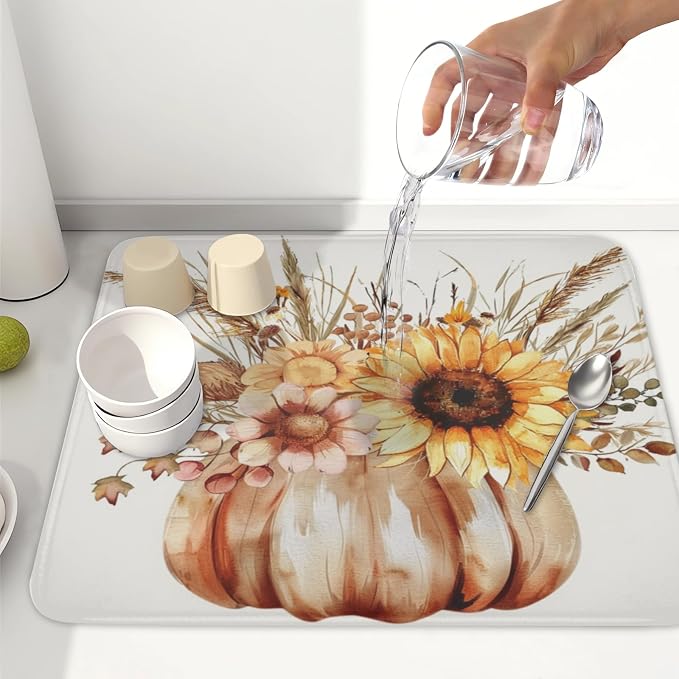 Fall Sunflower Dish Drying Mat for Kitchen Counter 16 x 18 Inch Autumn Orange Pumpkin Dish Drainer Mat Absorbent Microfiber Thanksgiving Harvest Dish Rack Pad for Coffee Dining Bar Decor