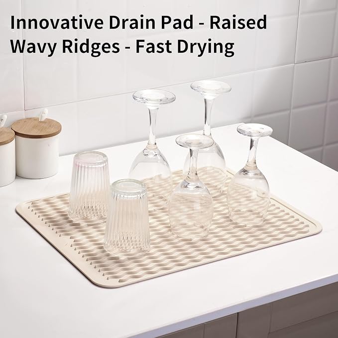 ZLR Silicone Dish Drying Mat for Kitchen Counter (12" x 16" / 307 x 405mm) - Large Fast-Dry Drainer Mat with Raised Wavy Ridges & 5mm Lip - Non-Slip, Heat Resistant 450°F, BPA-Free (Cassava White)