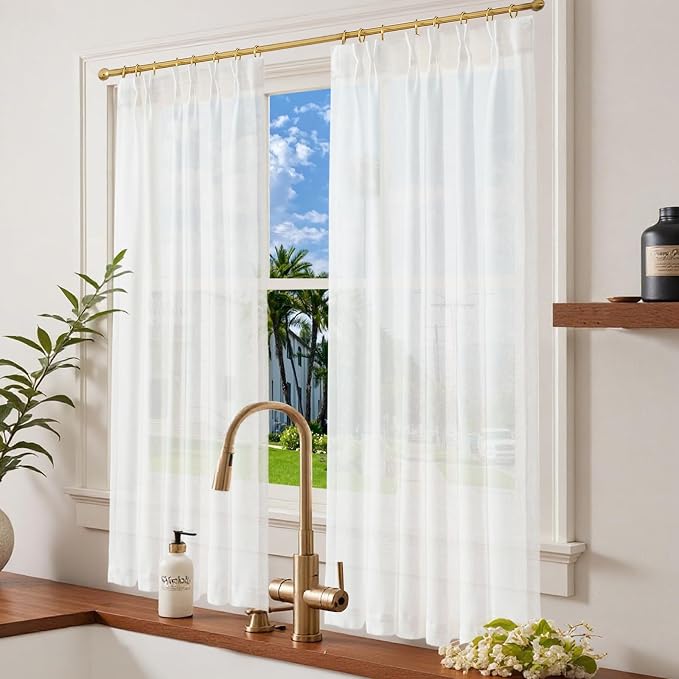 jinchan Linen Pinch Pleated Back Tab Tier Curtains, 38x63, 2 Panels, White | Light filtering,small window treatment,cafe curtains,machine washable,farmhouse,kitchen,bathrooms,laundry