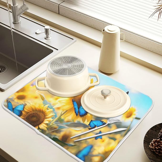 Blooming Sunflowers Blue Butterfly03 Dish Drying Mat for Kitchen Counter Absorbent Microfiber Small Drying Pad Dish Mats for Kitchen Countertops 16 x 18 Inch