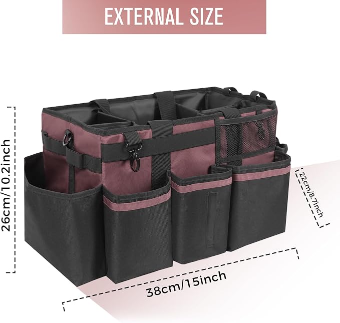 SCAVATA Wearable Cleaning Caddy, Cleaning Caddy Supplies Organizer with Handle & Shoulder Straps for Housekeepers, Under Sink & Car Cleaning Tool Organizers Bag with 4 Foldable Divider (LotusPink)