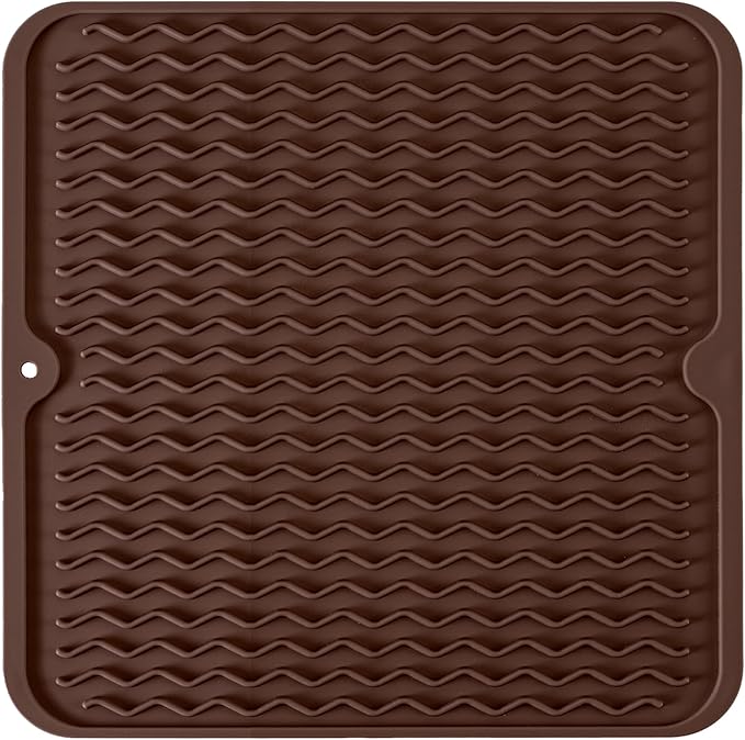 Silicone Dish Drying Mat, Non-Slip Easy Clean Sink Mat Large Heat-resistant Dish Drainer Mat for Kitchen Counter, Sink, Refrigerator or Drawer liner (12" x 12", COFFEE)