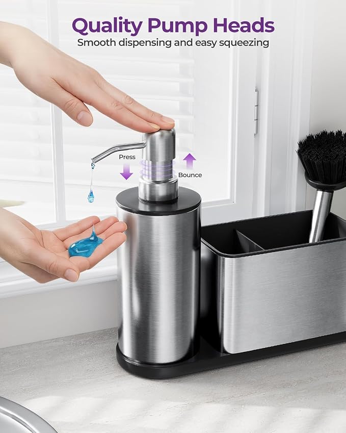 ODesign Kitchen Soap Dispenser Set - 3 in 1, Stainless Steel Dish Soap Dispenser with Sponge Holder, Dish Brush & Brush Holder, Kitchen Sink Caddy Organizer for Countertop - Rustproof, Non-Slip