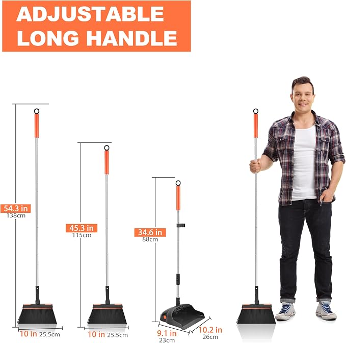 Broom with Dustpan Combo Set, 54'' Extendable Long Handle Broom, 180 Degree Rotating Brush Indoor Sweeping, Dustpan with Comb Teeth, Ideal for Home, Kitchen, Lobby, and Office