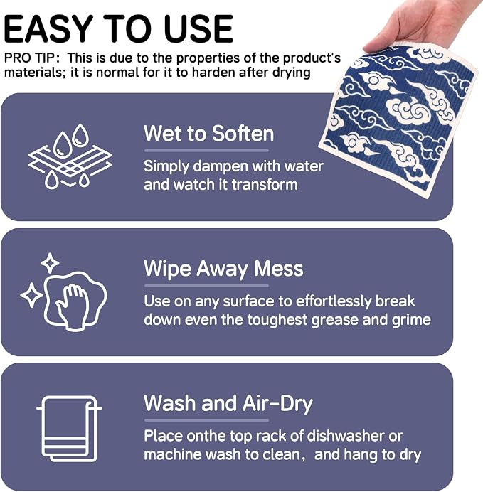 4 PCS Swedish Dishcloths, Japanese Pattern Reusable Kitchen Dish Cloths, Super Absorbent Cellulose Sponge Cloths, Odor Resistant, Dishwasher Safe & Multi-Purpose Cleaning Cloths