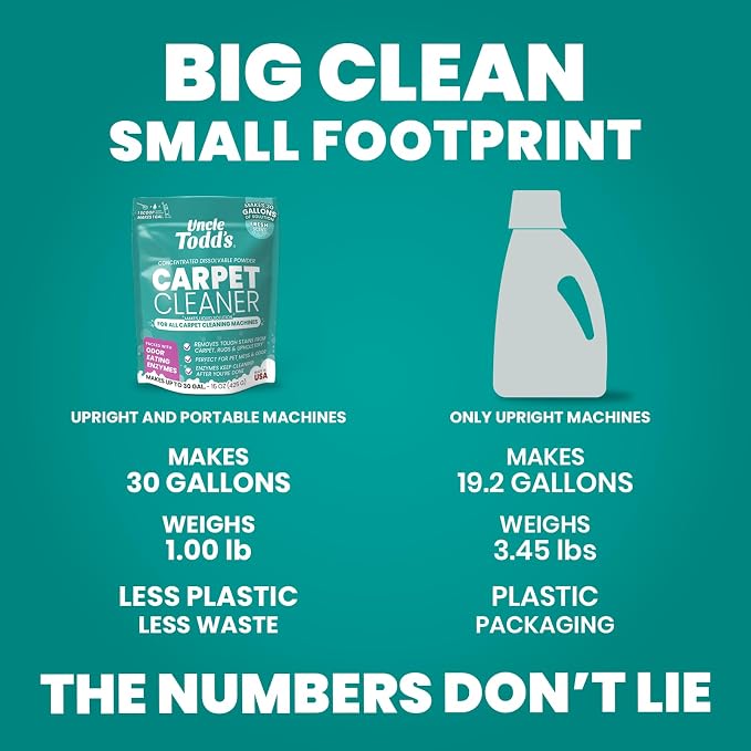 Uncle Todd's Carpet Cleaner Powder for Machines | Makes 30 Gallons of Carpet Cleaner Solution | Enzyme Formula Carpet Deodorizer | Removes Pet Odors & Stains | Safe for Carpets, Rugs & Upholstery