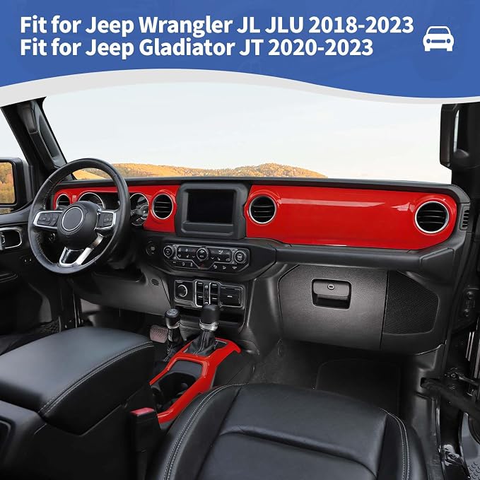 RT-TCZ for Wrangler JL Dash Trim Cover Red, Gear Shift Panel Trim Frame for Jeep Wrangler JL JLU Gladiator JT 2018-2023 Red Interior Accessories 3pcs
