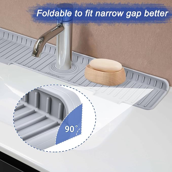 Amerner 20 inch Kitchen Sink Splash Guard, 10° Large Slope & Adaptable Hole Faucet Mat for Kitchen Sink, Silicone Sink Organizer Sponge Holder for Kitchen, Bathroom, RV, Bar, 20” x 5.5”, Gray