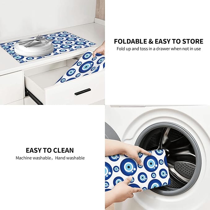 Blue Evil Eyes Microfiber Dish Drying Mat for Kitchen Counter 18"x24" Funny Dishes Pad Dish Drainer Rack Mats Absorbent Washable Reusable