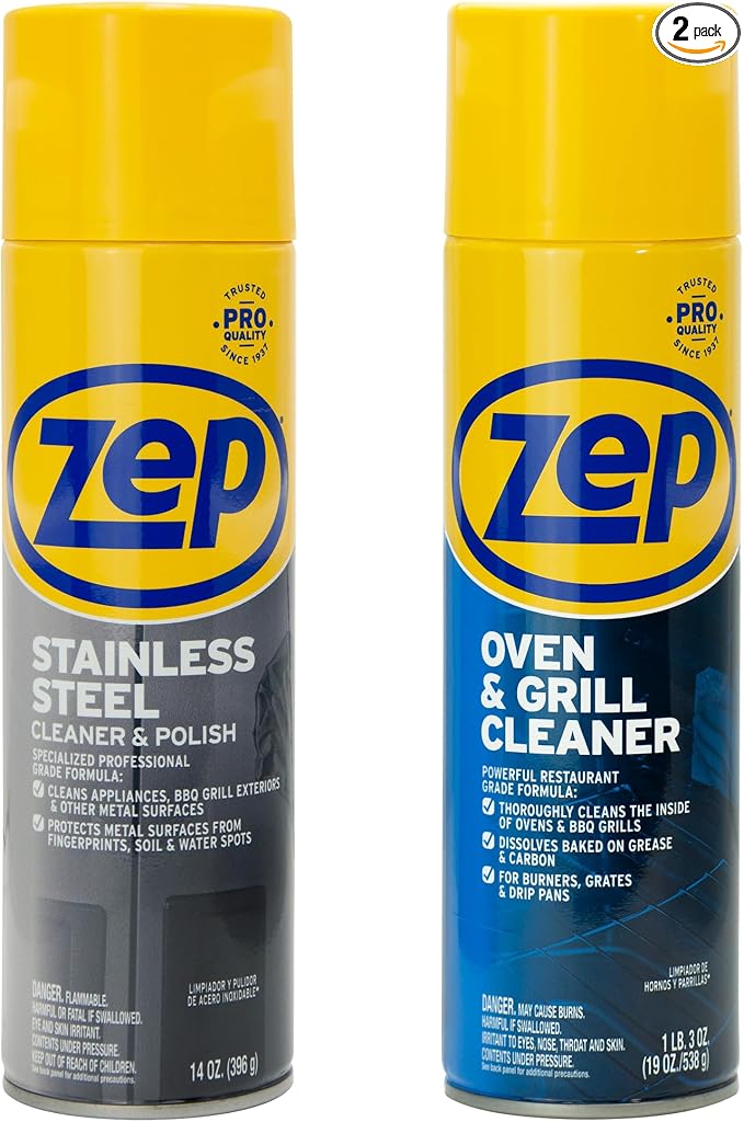 Zep Stainless Steel Cleaner Polish 14oz & Oven Grill Cleaner 19oz | Restores stainless steel shine and removes baked-on grease from ovens and grills- ECBD004