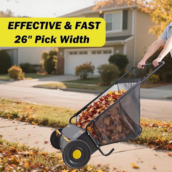Push Lawn Sweeper, 26-Inch Width, 7 Cu. Ft. Hopper Capacity, 4 Spinning Brushes, Adjustable Height, Durable Steel Frame with Rubber Wheels,Yellow&Black