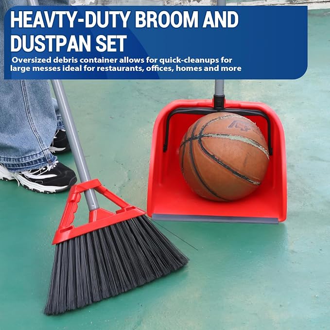 Commercial Broom and Dustpan Set, Jumbo Lobby Debris Dustpan (14inch*14inch), Heavy Duty Broom (14inch Width), 2 Sets, Red,for Indoor and Outdoor Cleaning,Red