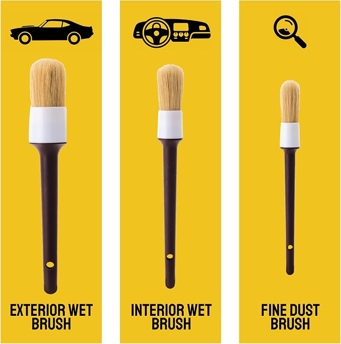 Car Detailing Brush Set 3-Pack, Interior and Exterior, Detail Dudes | Scratch-Free Boars Hair - Exterior & Interior Cleaning Brushes - Safe for Leather, Piano Black Trim, Dashboards & Wheels