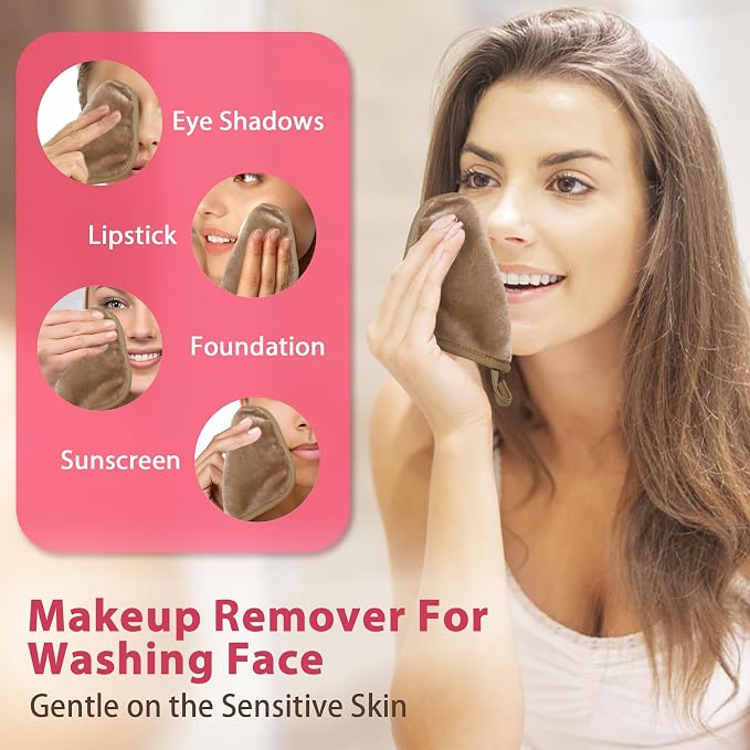 Natwag Makeup Remover Cloth, 6" x 6" Make Up Towels Reusable Face Cloth for Washing Face, Makeup Remover Pads Microfiber Face Washcloth with Mesh Bag, Just Water, 12 Pack, Light Brown